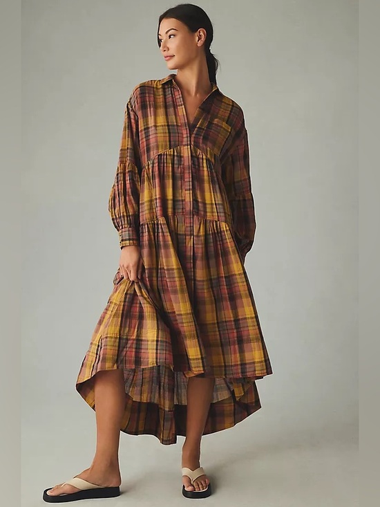 Anthropologie Dresses & Skirts - Anthropologie | pilcro Plaid Tiered Button-Front Dress in Mustard and Deep Red